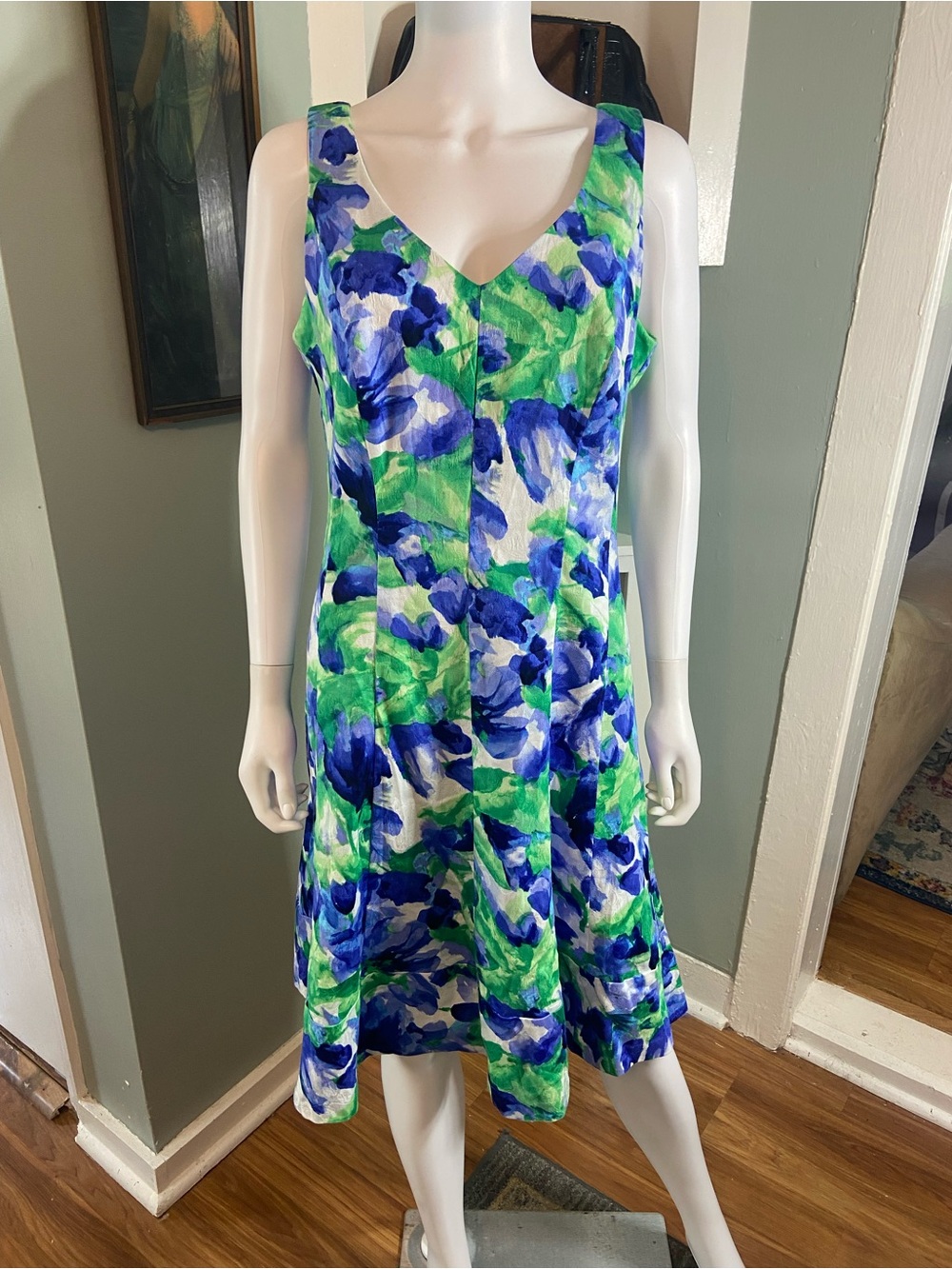 NWT New Ralph Lauren Watercolor Blue Green Floral Midi Dress A-line Jacquard 14